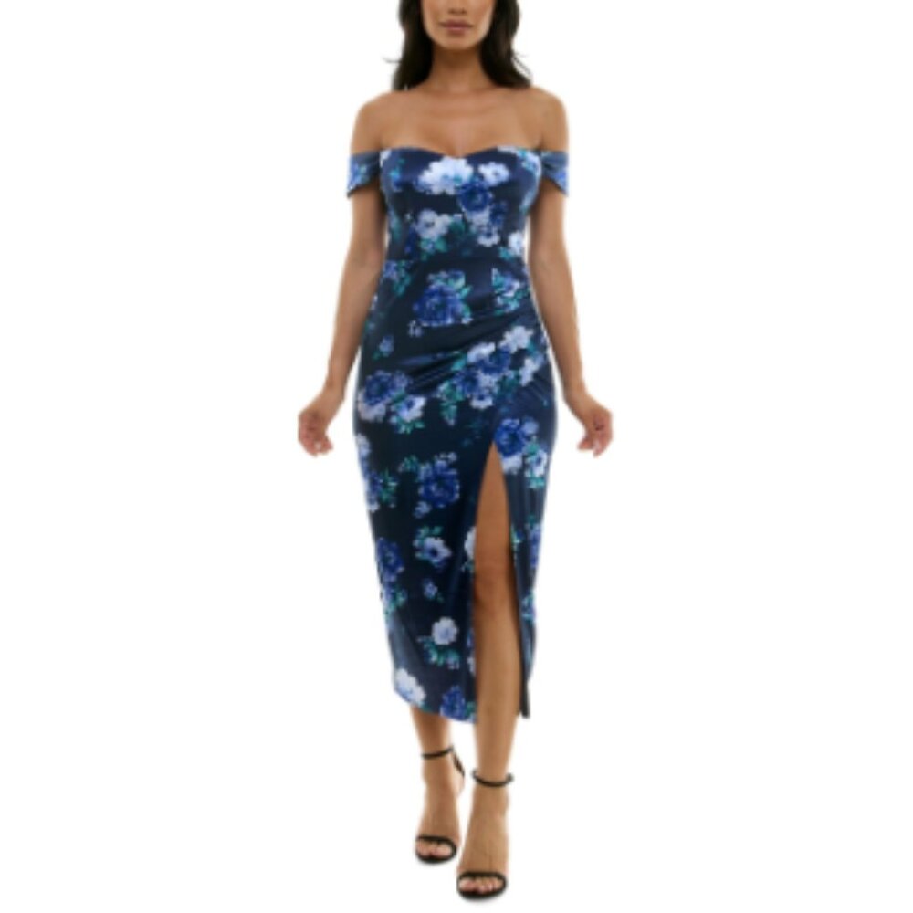 City Studios Women's Printed Off-the-Shoulder MIDI Dress - Navy